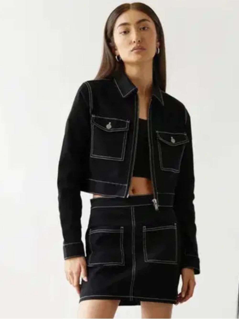 OAK + FORT Black White Contrast Stitch Cropped Cotton Jacket
